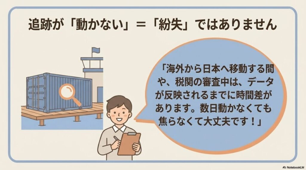海外からの移動中や税関審査中はデータ反映に時間差があるため動かなくても紛失ではないという説明