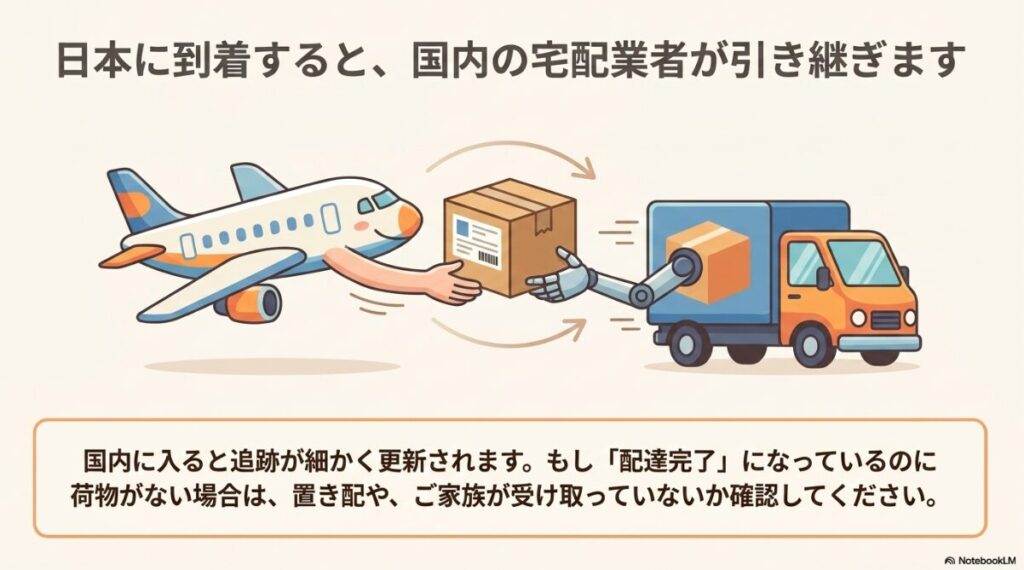 国内に入ると宅配業者が引き継ぎ追跡が細かく更新されることと配達完了時の確認事項