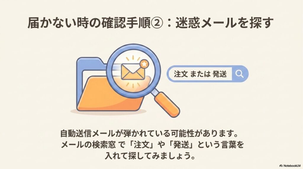 メールの検索窓に注文や発送といったキーワードを入力して迷惑メールを探す手順