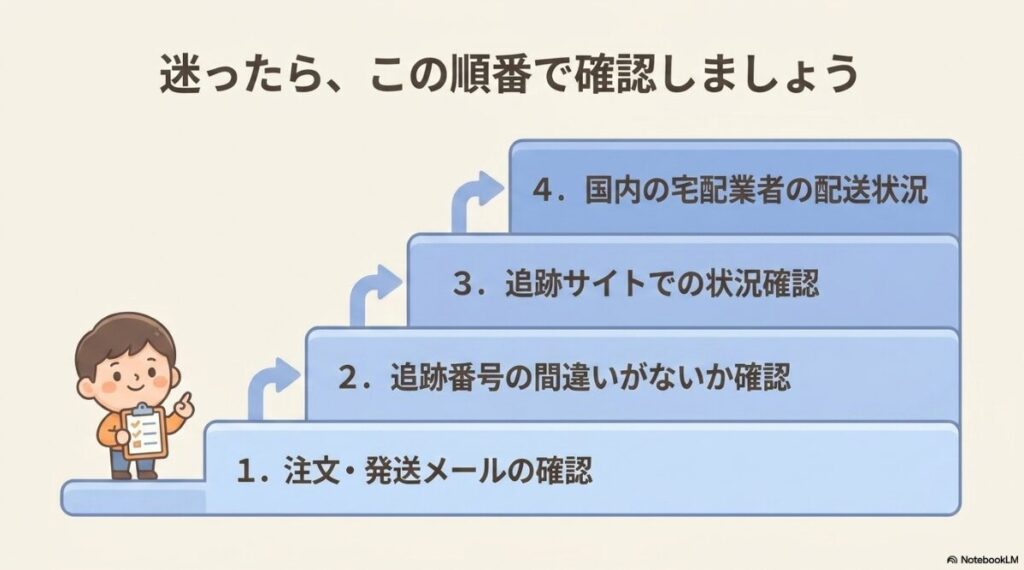 メール確認から追跡番号の確認そして追跡サイトや国内配送業者の状況確認へ進む順番の解説