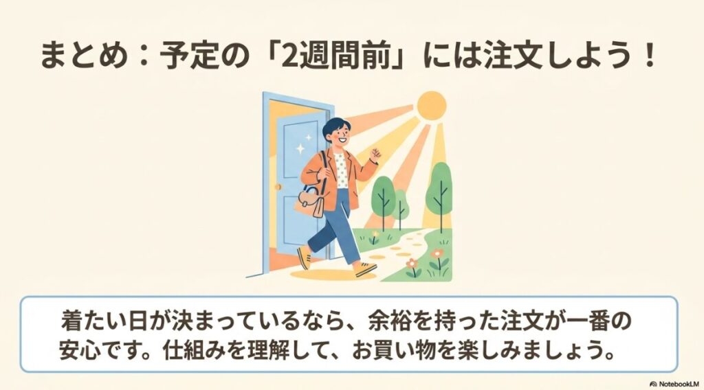 着たい日がある場合は予定の2週間前には余裕を持って注文することを推奨するまとめのイラスト