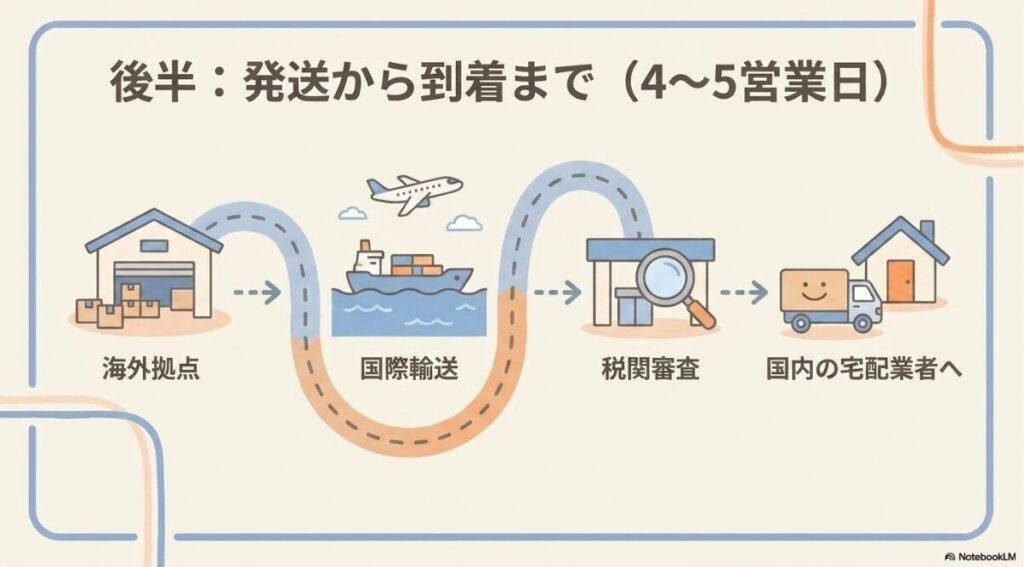 国際輸送を経て税関審査を通過し国内の宅配業者へ引き渡される配送経路のイラスト