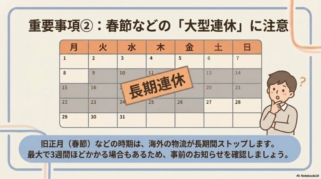 旧正月などの長期連休中は海外物流がストップし配送に最大3週間かかる場合があるという注意喚起