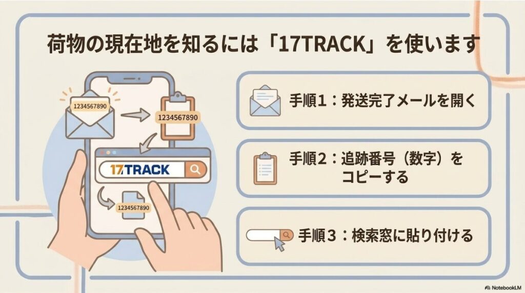 発送完了メールから追跡番号をコピーして17TRACKの検索窓に貼り付ける操作方法