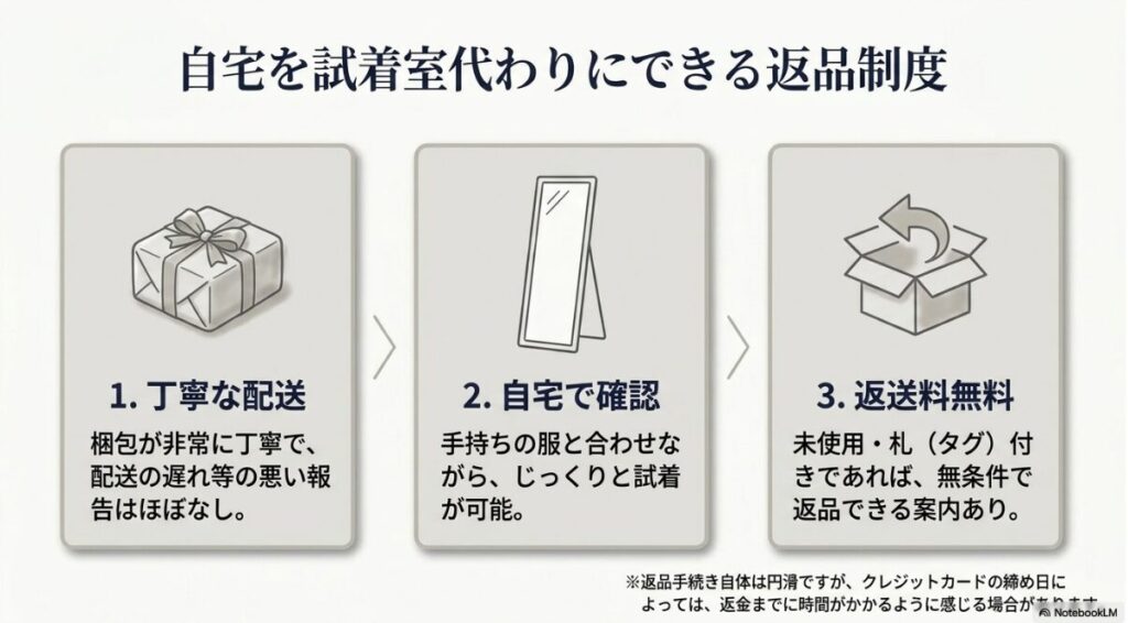 丁寧な梱包や返送料無料の条件などオンライン購入を後押しする仕組み