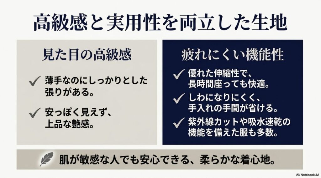 シワになりにくくストレッチ性にも優れた快適な素材の解説