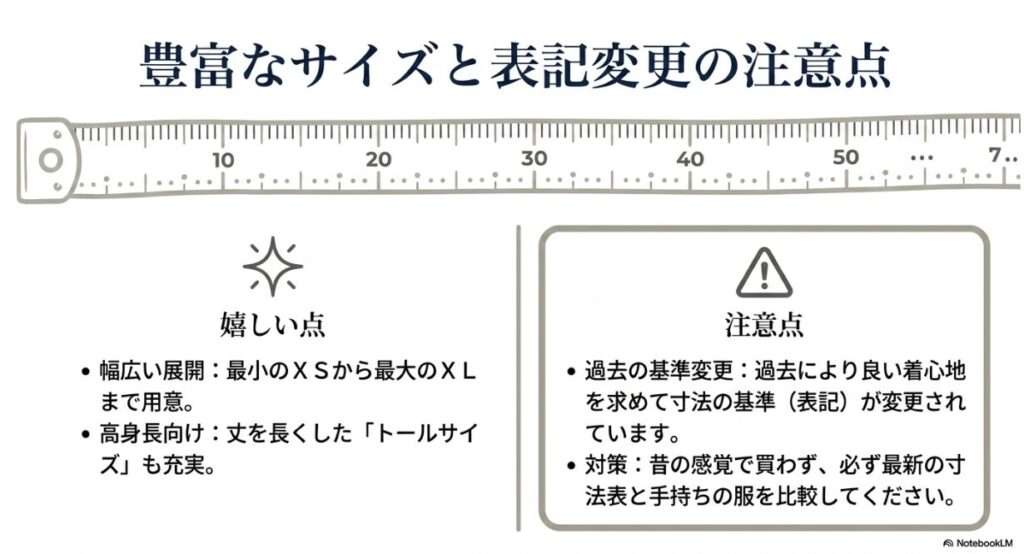 XSからXLまでの幅広いラインナップと最新の寸法表確認の推奨