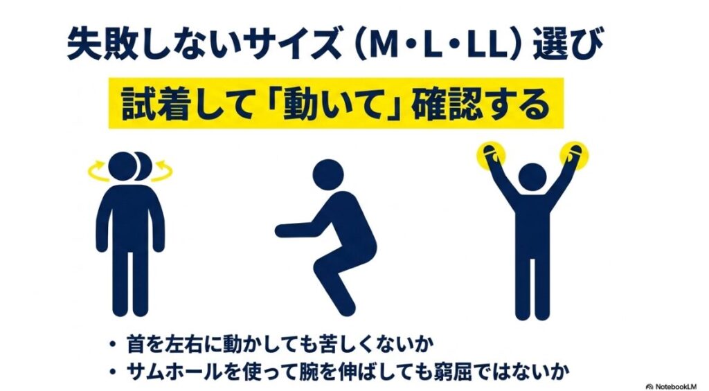首の動きや腕の曲げ伸ばしで確認する正しいサイズの選び方