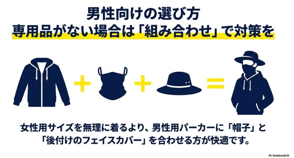 専用品がないメンズ向けの帽子や後付けカバーを活用した日よけ対策