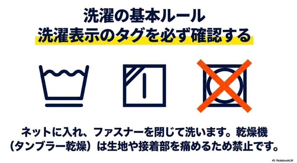 ネット使用と乾燥機禁止を促すパーカーの洗濯基本ルール