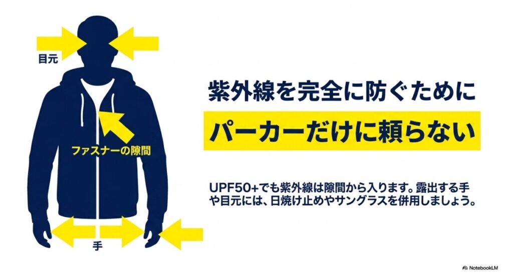パーカーだけでは防げない隙間日焼けを防止するためのアイテム併用