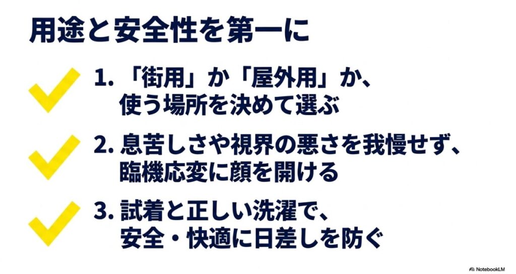 街用か屋外用かの選択や試着など快適に着るためのポイント