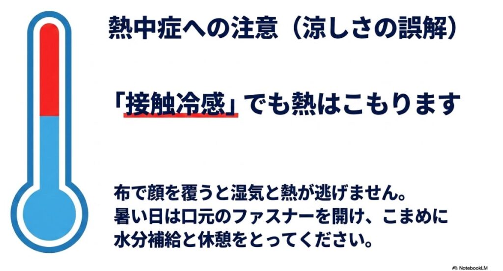 顔を覆った際の湿気や熱の滞留に対するこまめな水分補給の推奨