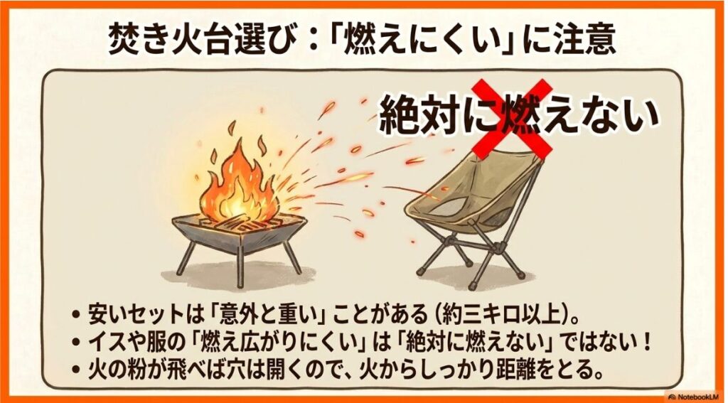 燃え広がりにくい素材でも火の粉で穴が開くリスクに対する警告