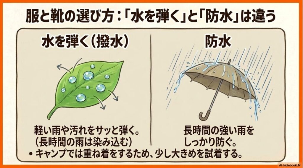 短時間の雨を弾く素材と長時間の浸水を防ぐ機能の使い分け