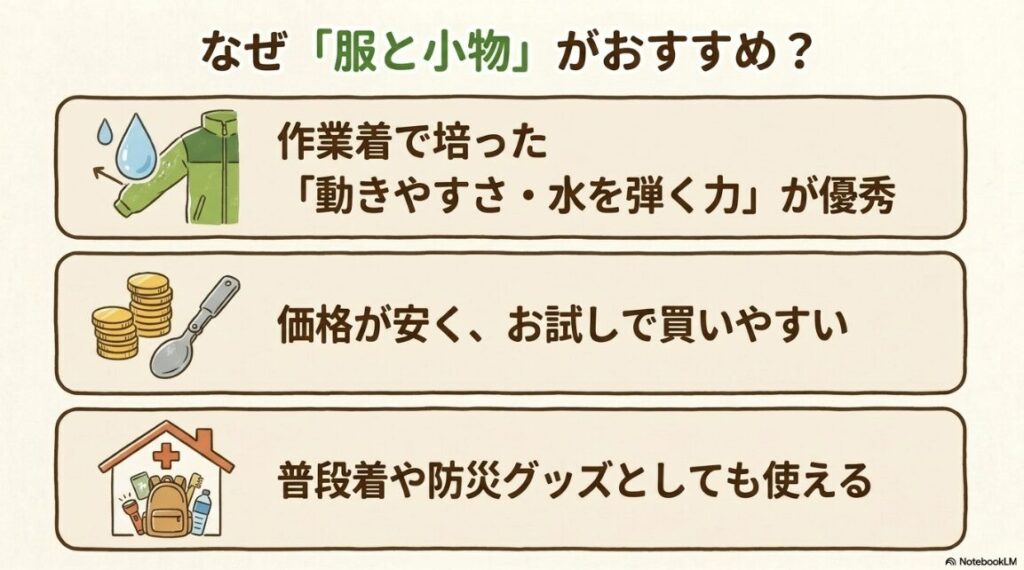 作業着由来の高機能と手頃な価格で初心者が試しやすいつくり