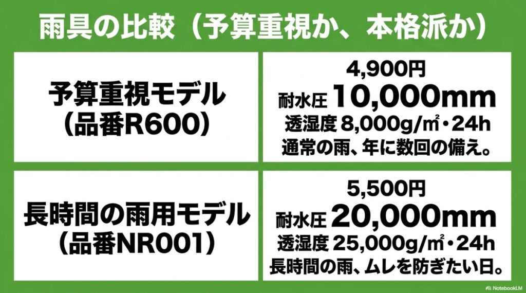 耐水圧と透湿度で選ぶレインスーツの違い