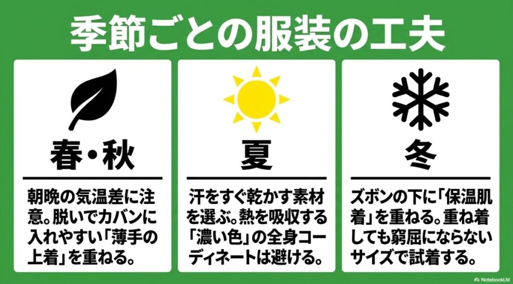 寒暖差対策や熱中症予防など季節に応じたウェア選び