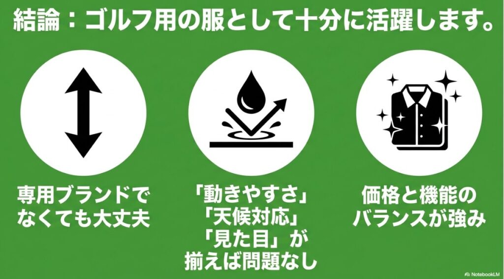 動きやすさと天候対応と見た目が揃えば専用ブランド以外でも活躍する