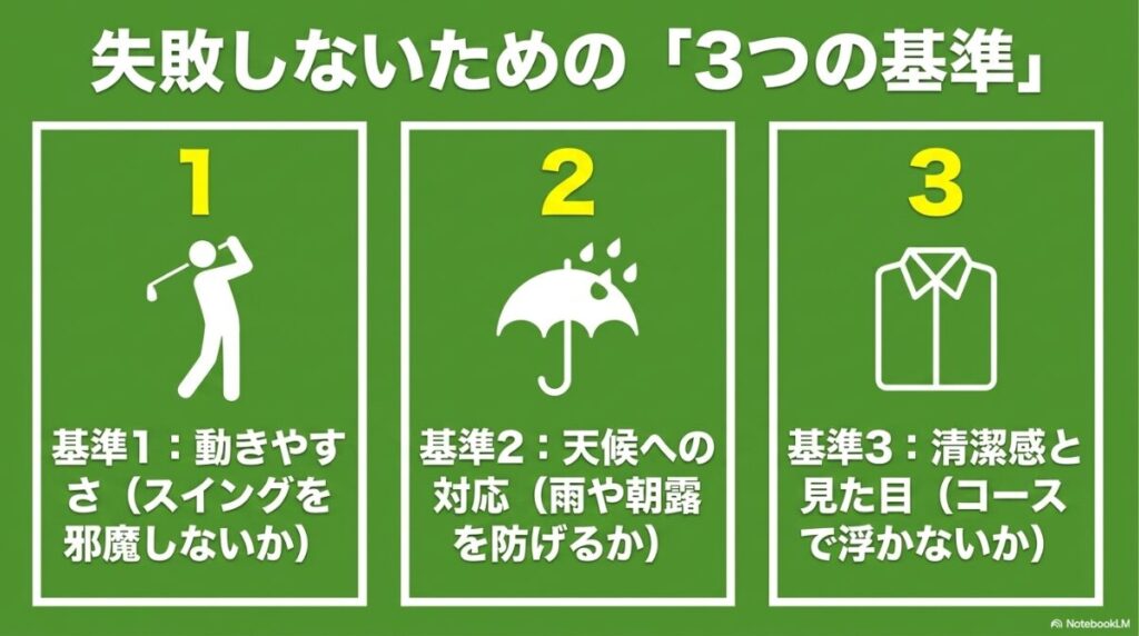 スイングのしやすさと雨対策とコースに馴染む清潔感