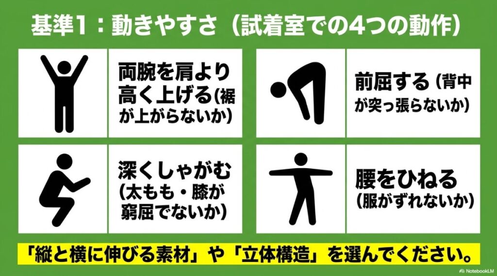 腕上げやしゃがみ込みなど実際のゴルフ動作での突っ張りを確認する