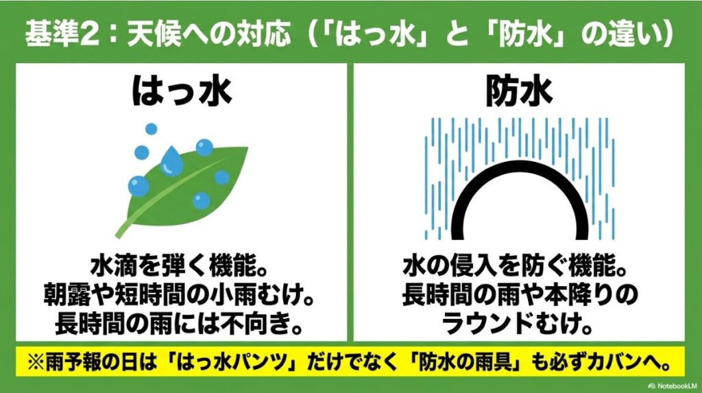 小雨向けの水弾きと長時間の雨向けの水侵入防止の違い