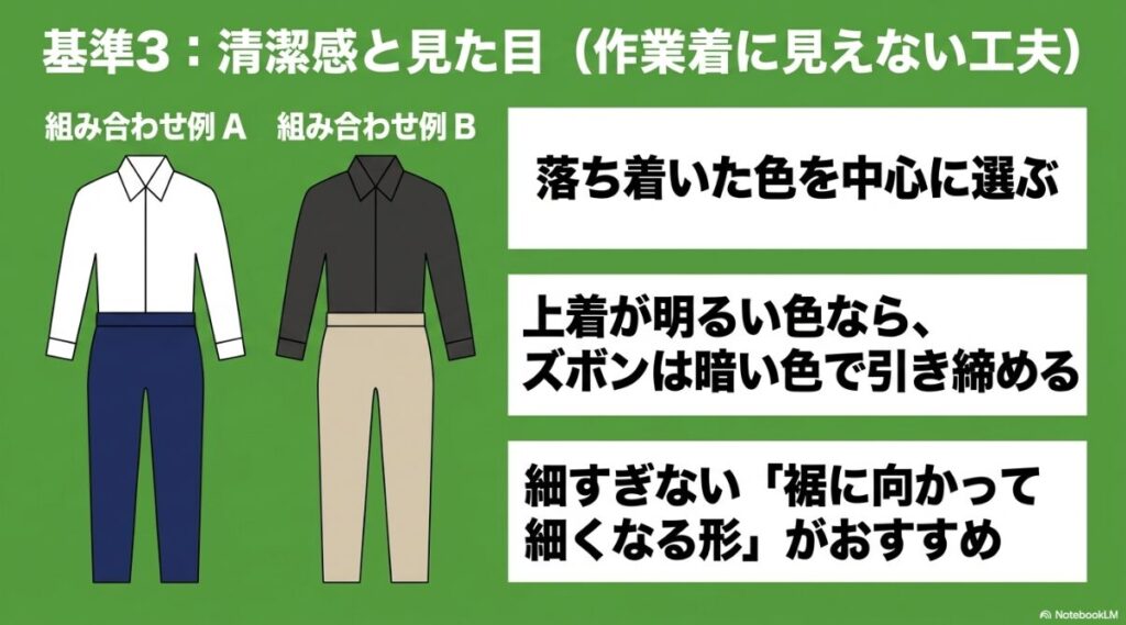 落ち着いた配色とテーパードシルエットで清潔感を演出する