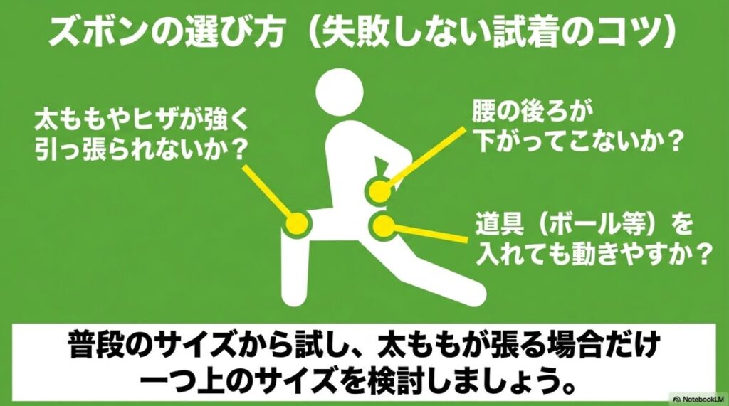 ポケットの使い勝手やヒザの曲げやすさなどをチェックする