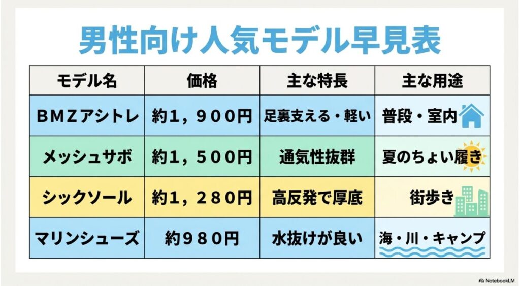 メンズ人気モデルの用途別比較表