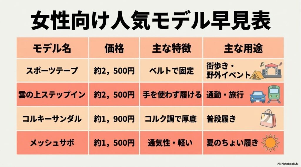 レディース人気モデルの用途別比較表