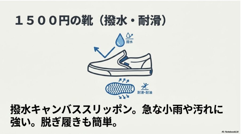 小雨や汚れに強く脱ぎ履きしやすい耐滑底の靴