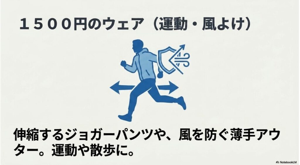 運動や散歩に適したストレッチ性や風よけ機能を持つウェア