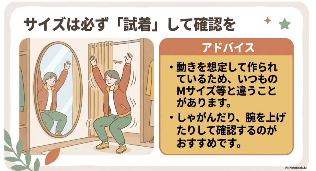 動きを想定してしゃがんだり腕を上げたりするサイズの確認方法  