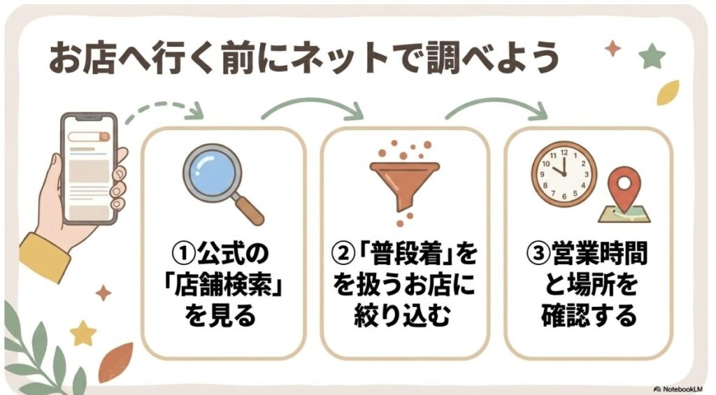 公式サイトで普段着を扱うお店に絞り込んで営業時間を確認する方法  
