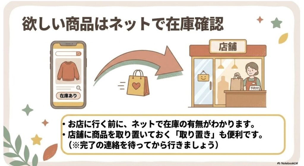 お店に行く前に在庫の有無を調べたり商品を取り置く便利な機能
