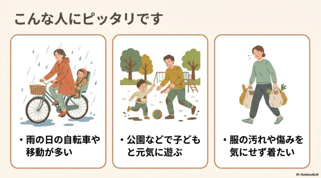 雨の日の移動や公園での遊びなど日常の機能性を求める人
