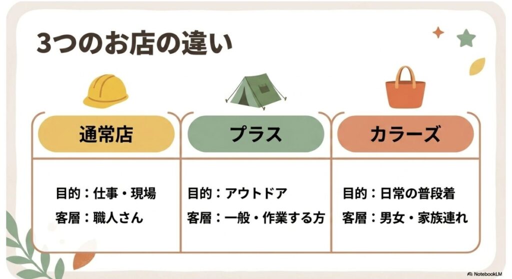 仕事用からアウトドアや日常着まで3つの店舗形態の比較  