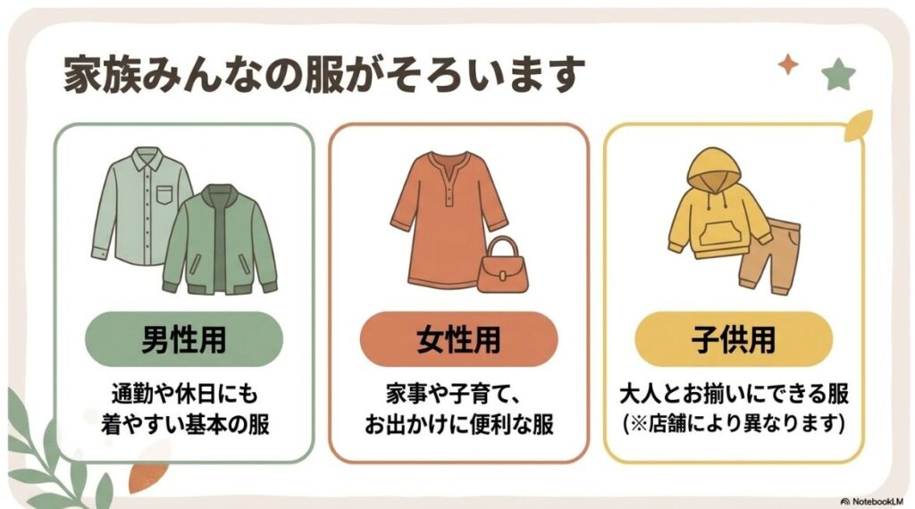 男性用や女性用から子供用まで日常使いできる服のラインナップ