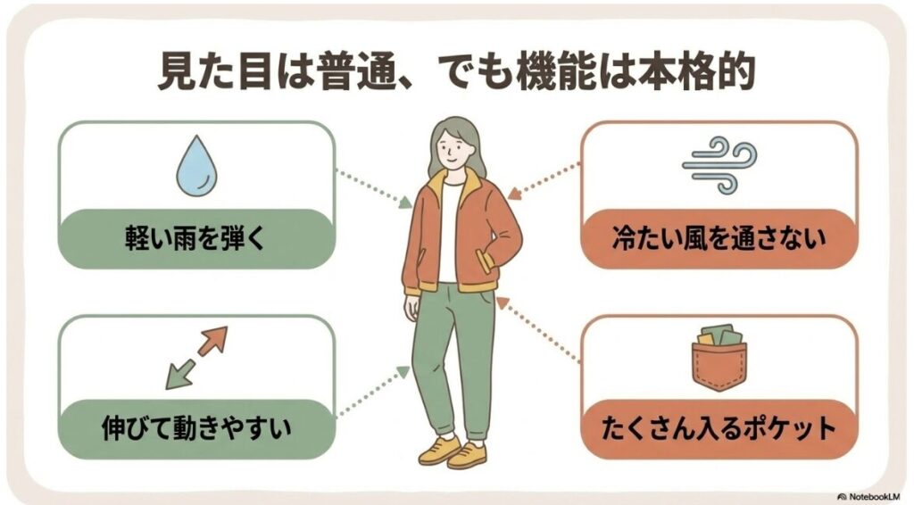 撥水や防風やストレッチなど日常で役立つ充実した機能