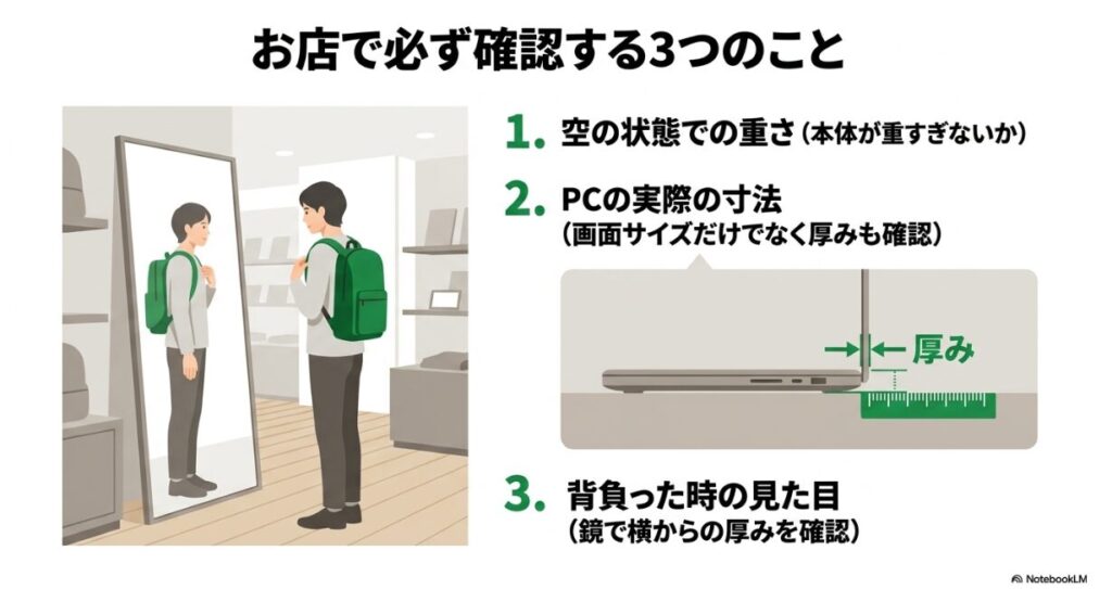 重さやPCの寸法など店頭で試すべきポイント