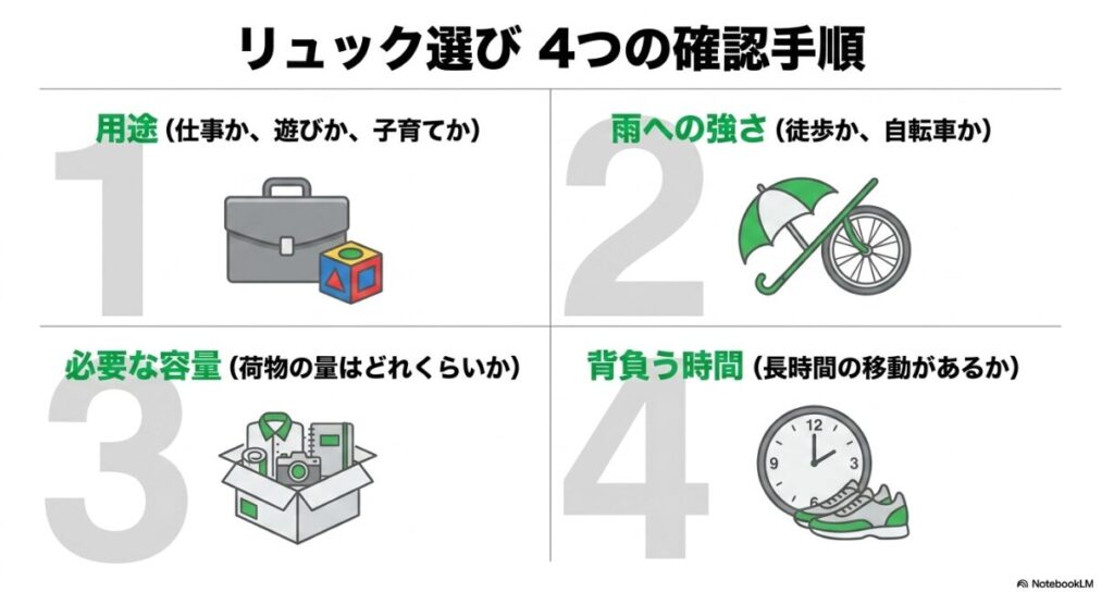 用途や容量などリュックを選ぶ際の基本手順