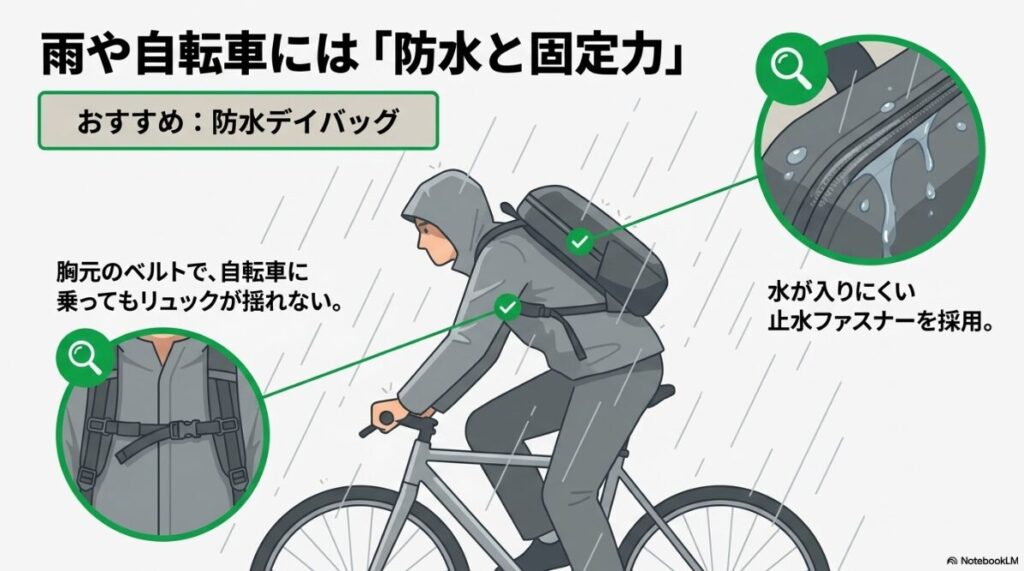 防水機能とチェストベルトを備えたデイバッグ