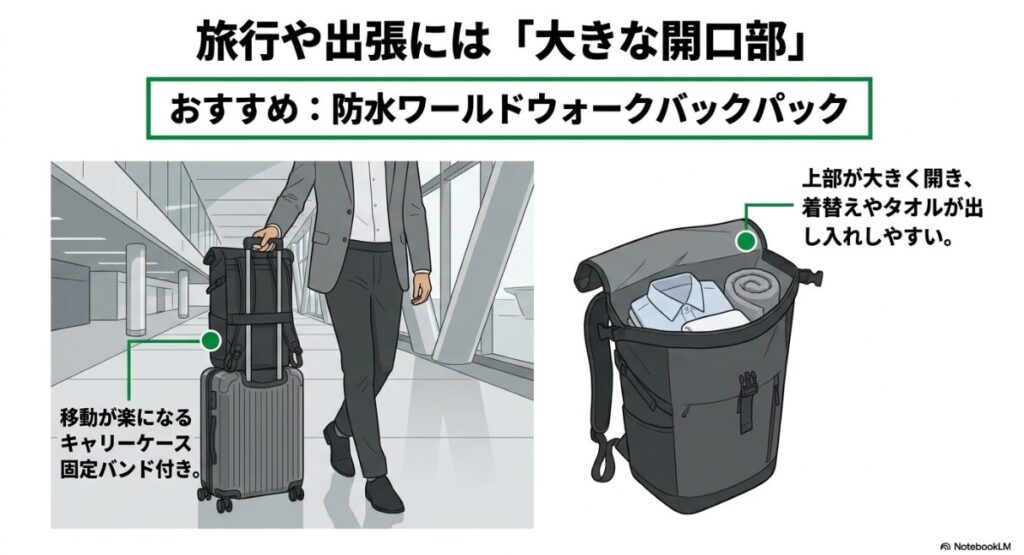 キャリーケース固定機能を持つ出張向けバックパック