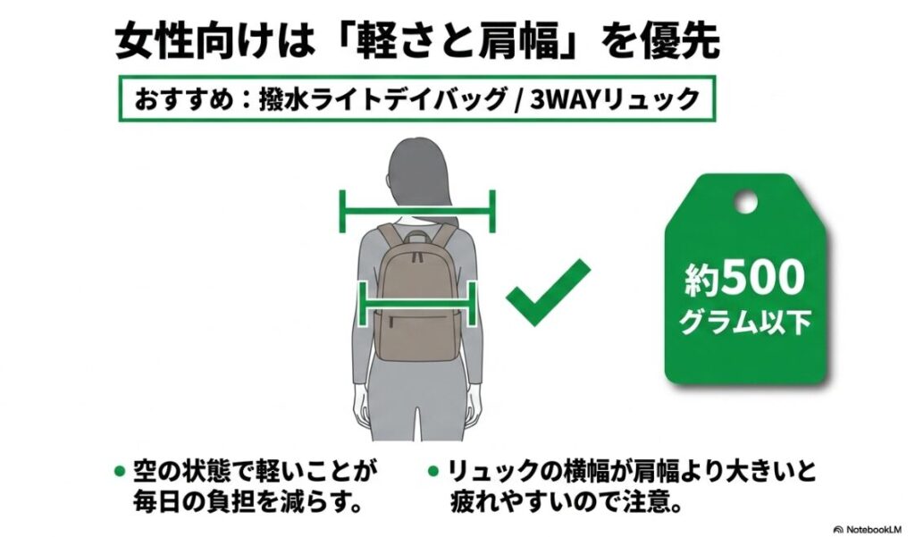肩幅にフィットするレディースリュックのポイント