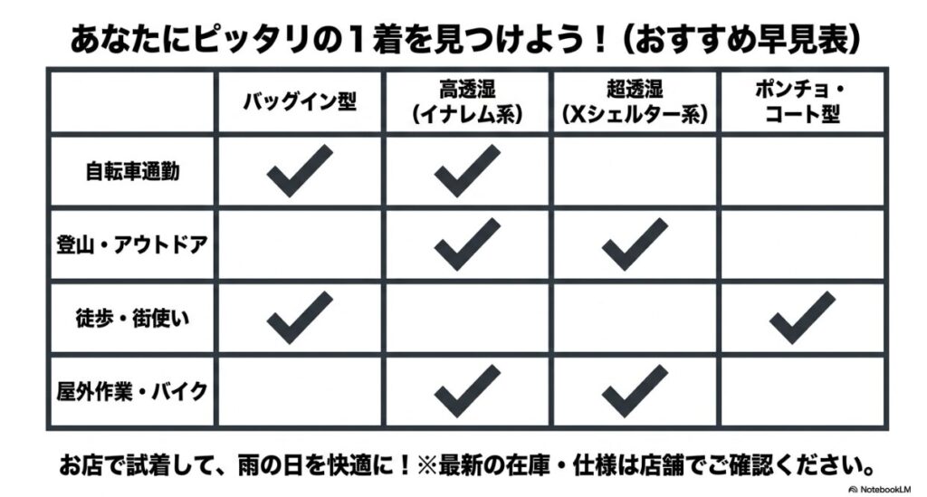 あなたの目的にピッタリ合う最適な一着を見つけるための表