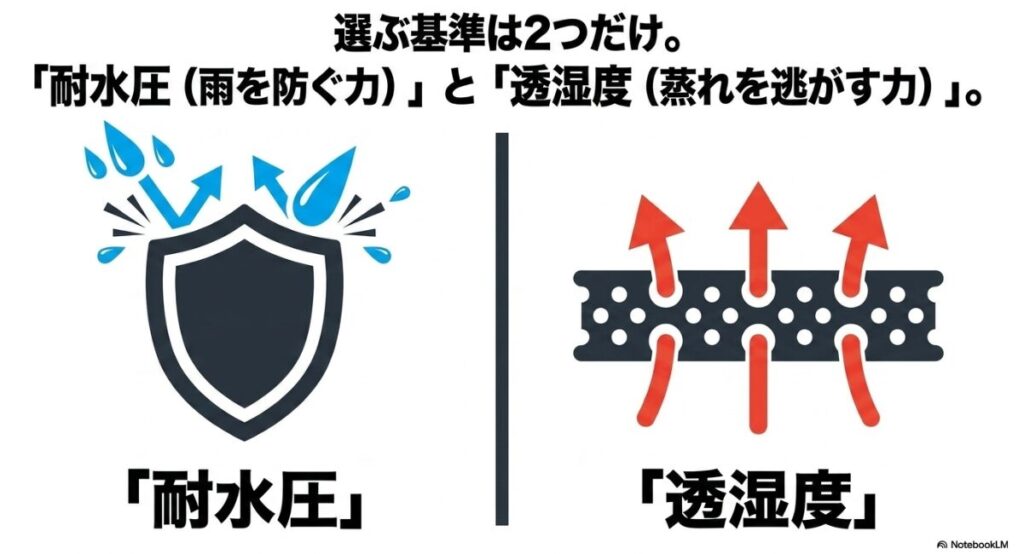 雨を防ぐ力と蒸れを逃がす機能の図解