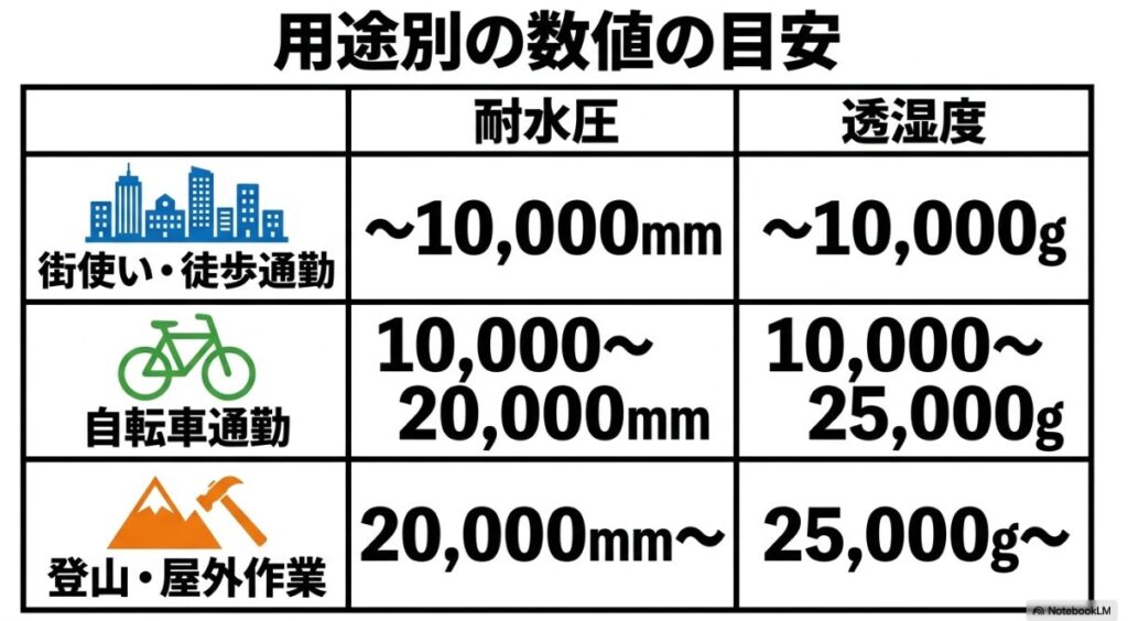 街使いや自転車など用途ごとに必要なスペックの目安表