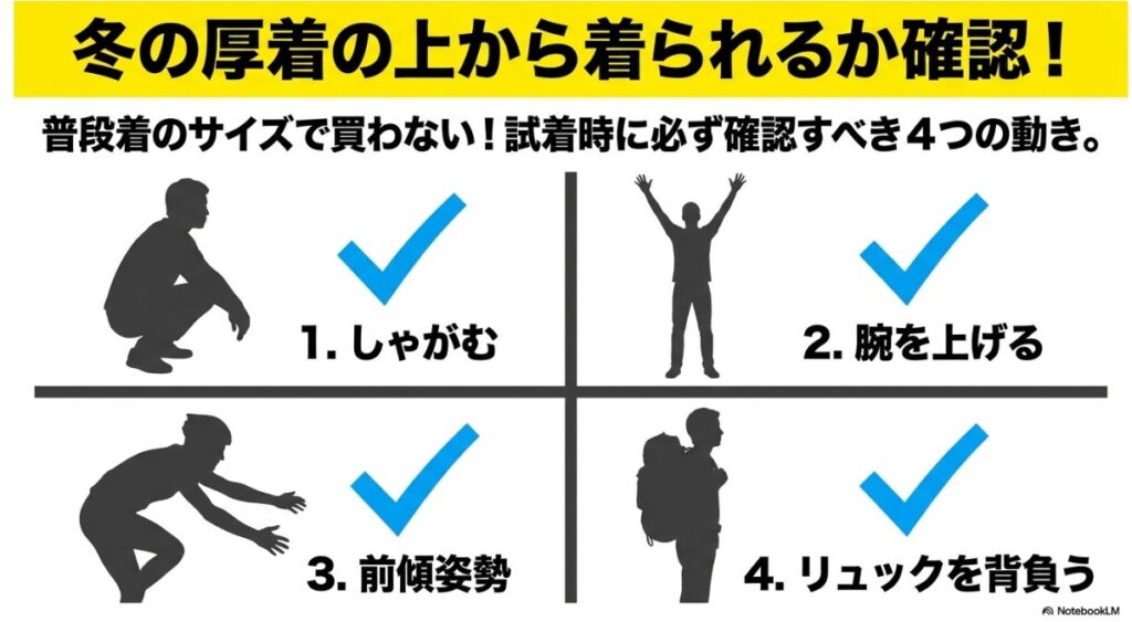 購入前の失敗を防ぐためのしゃがむ腕を上げるなどの動作確認
