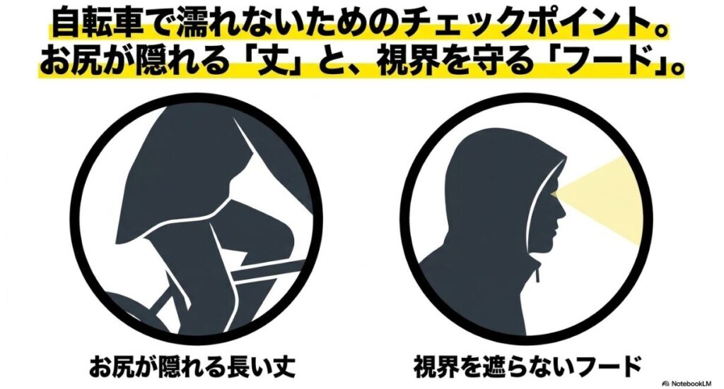 視界を守るフードとお尻が隠れる丈の重要性