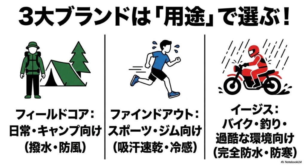 フィールドコアやイージスなど用途別ブランドの特徴
